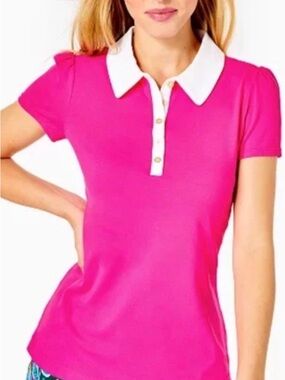 Lilly Pulitzer UPF50 Frida Hot Pink Short Sleeve Button-Down Polo Medium